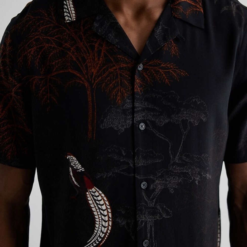 Express Bird & Tree Print Rayon Short Sleeve Shirt SIZE XL - Picture 6 of 7
